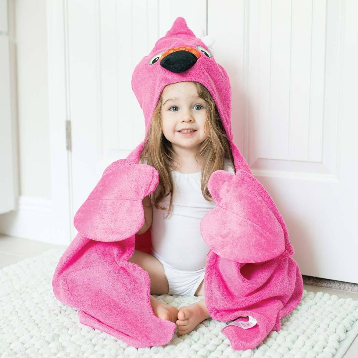 Zoocchini Kids Plush Terry Hooded Bath Towel - Franny the Flamingo - Generous Size for Kids
